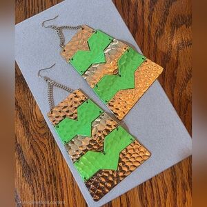 Large Hanmered Gold and Neon Green Statement Earrings